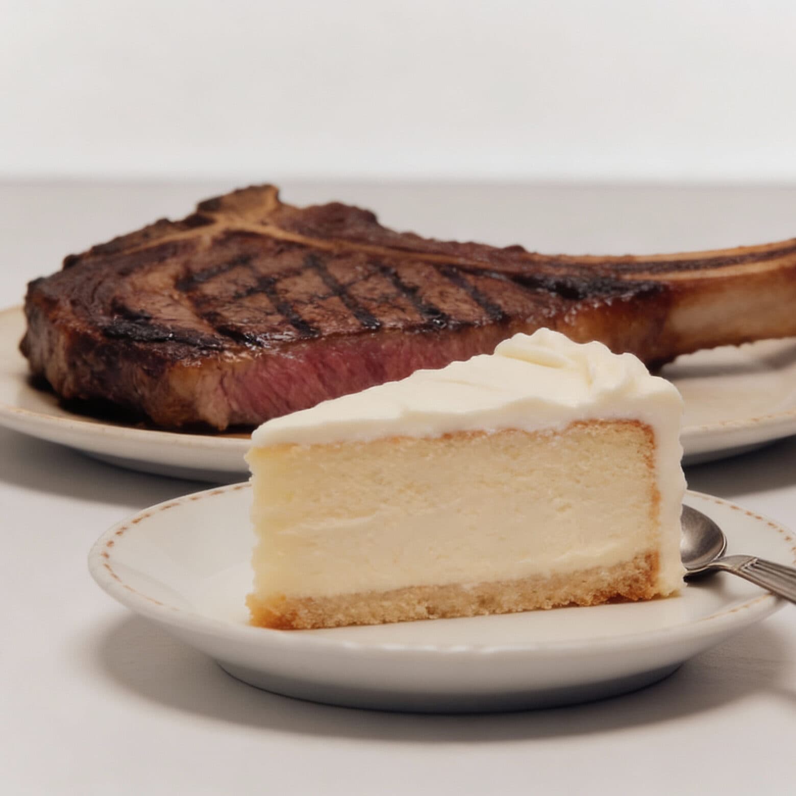 A steak and a slice of cake