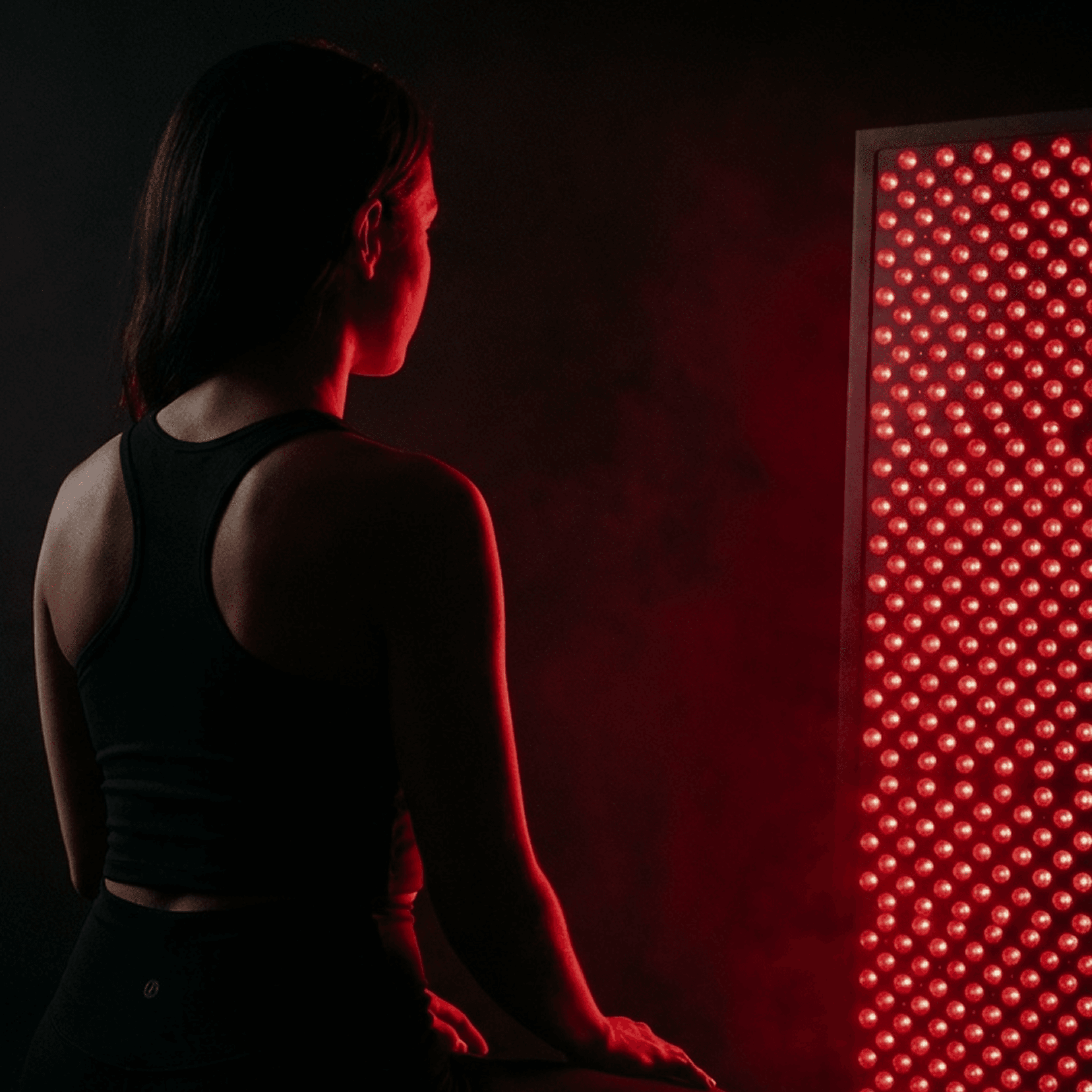 A woman in a dark room with red lights