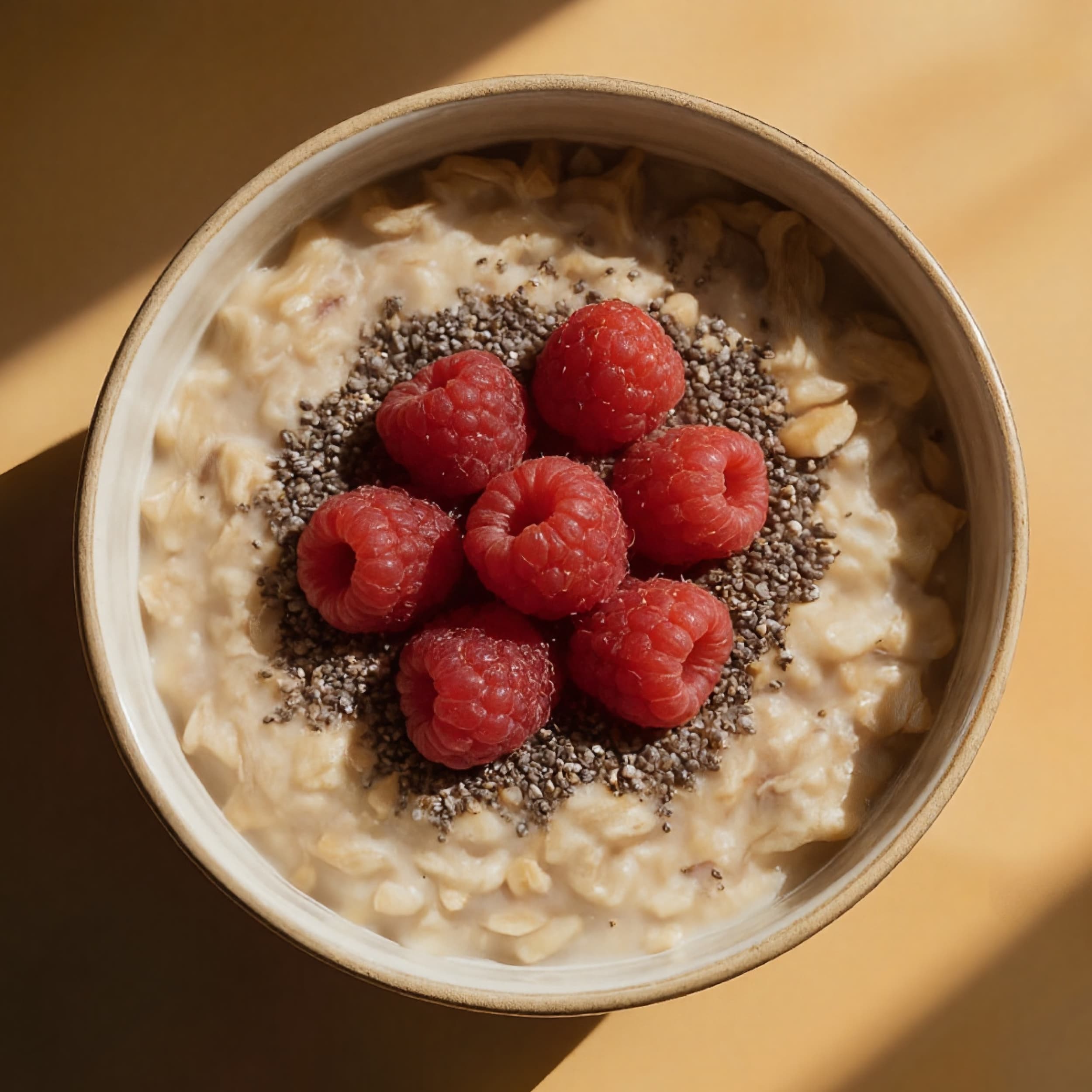 A bowl of oatmeal with berries and chia seeds